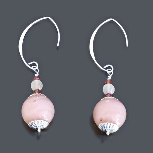 Pink Round Murano Beaded Earrings with Garnet and Rose Quartz Sterling Silver 