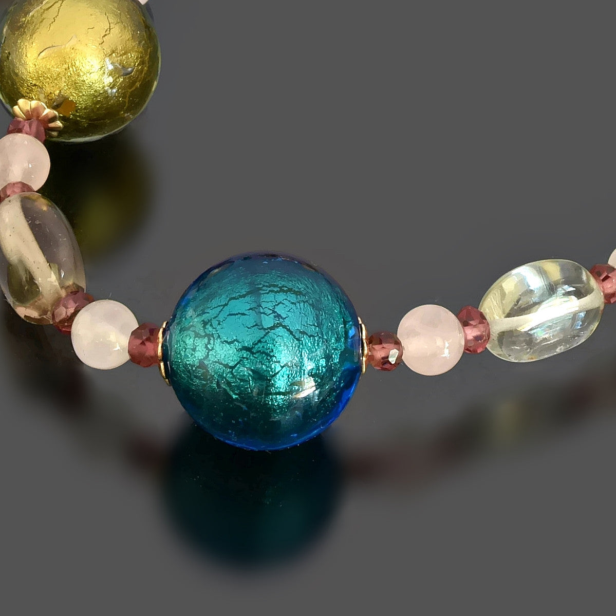 Multi-Color Round Murano Bead Necklace with Garnet, Rose and Champagne Quartz  