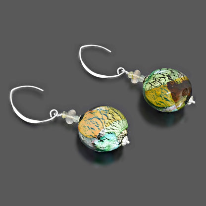 Large Green Coin Murano Glass Statement Earrings with Tourmaline & Rose Quartz Sterling Silver 