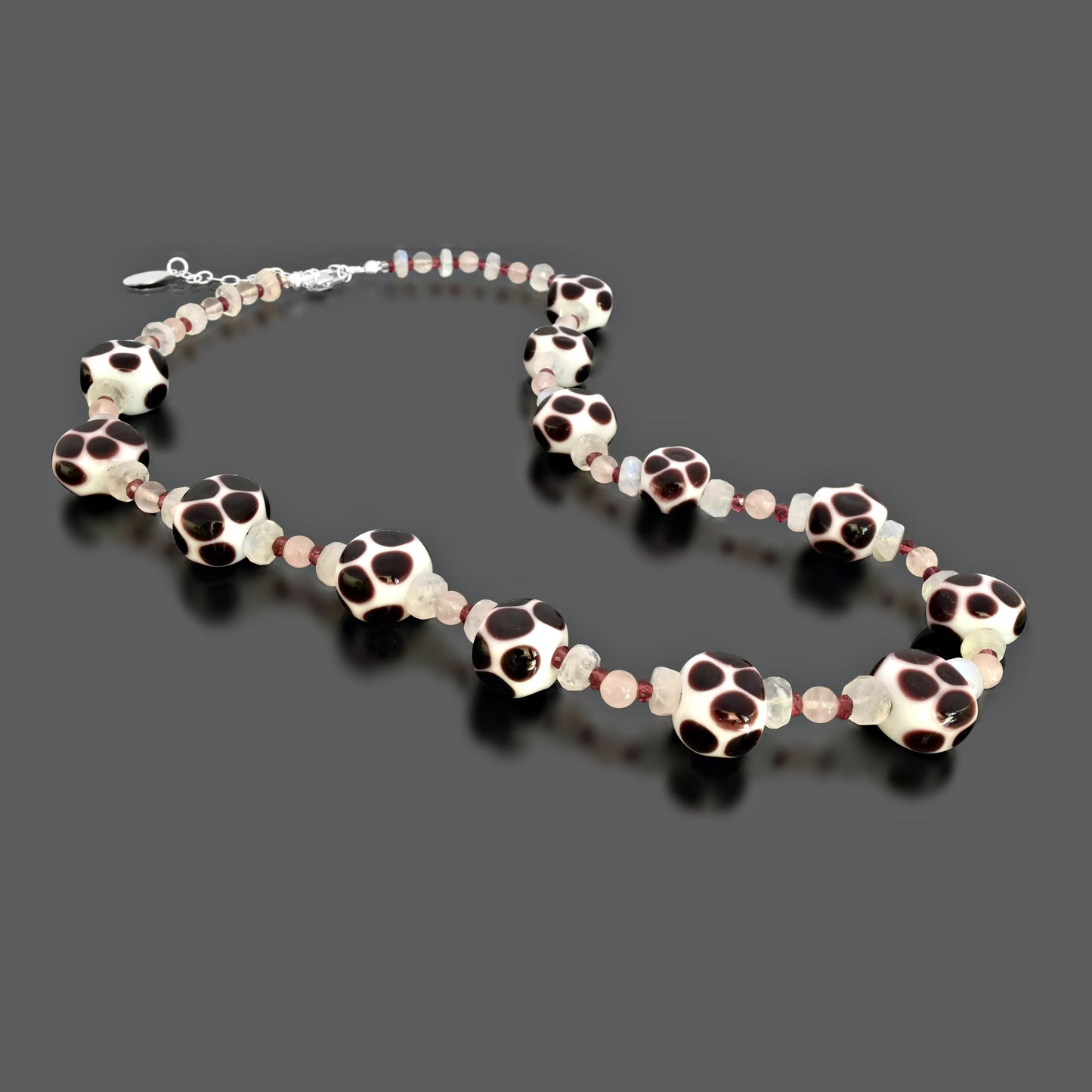 Leopard Dot Murano Glass Necklace with Rose Quartz, Moonstone & Garnet Sterling Silver 