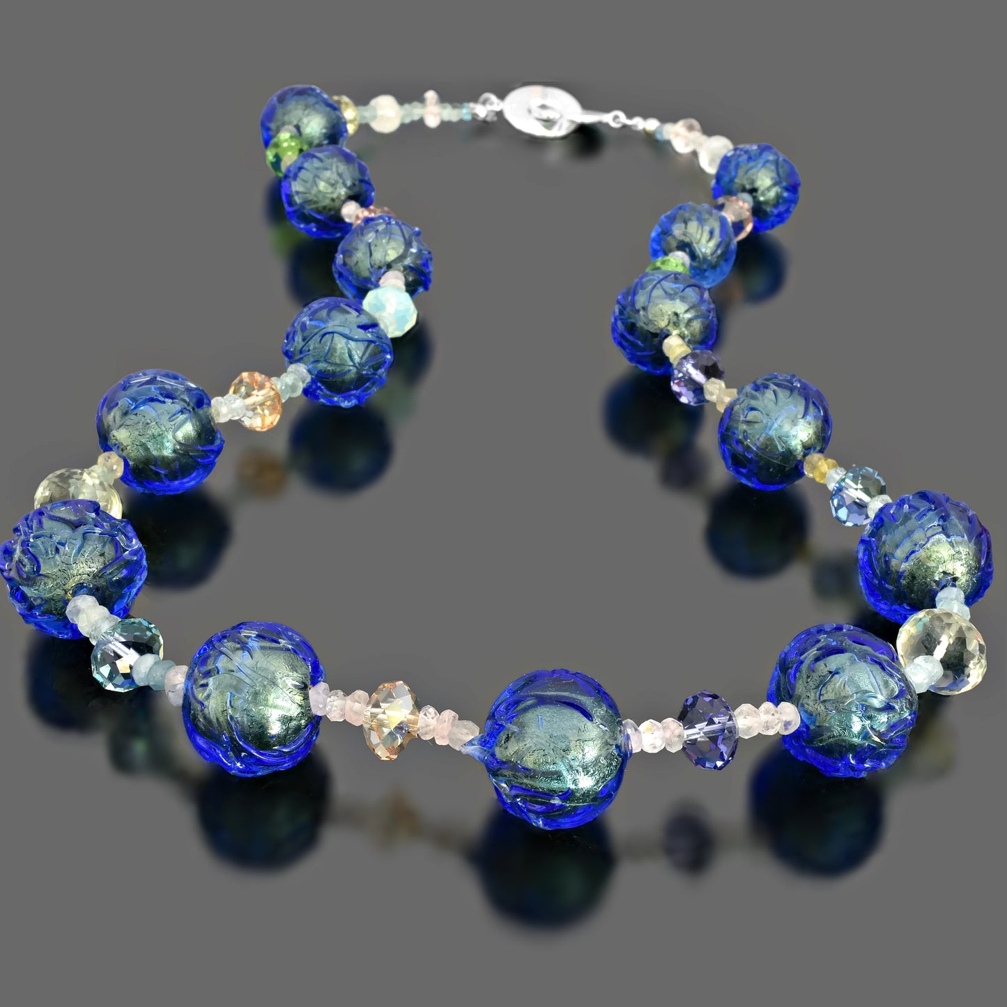 Blue Murano Glass Beaded Necklace with Multi-Color Sapphire, Amethyst,  Citrine Sterling Silver 