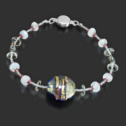 Contemporary Coin Murano Bead Bracelet with Moonstone, Garnet & Green Amethyst Sterling Silver 6"