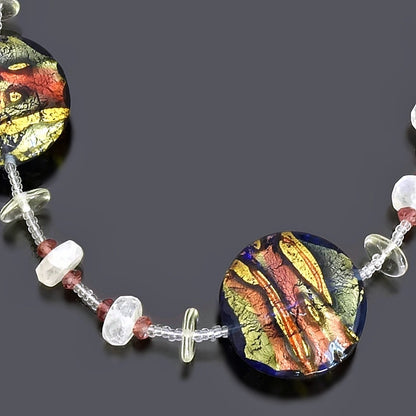 Contemporary Coin Murano Bead Necklace with Moonstone, Garnet & Green Amethyst  