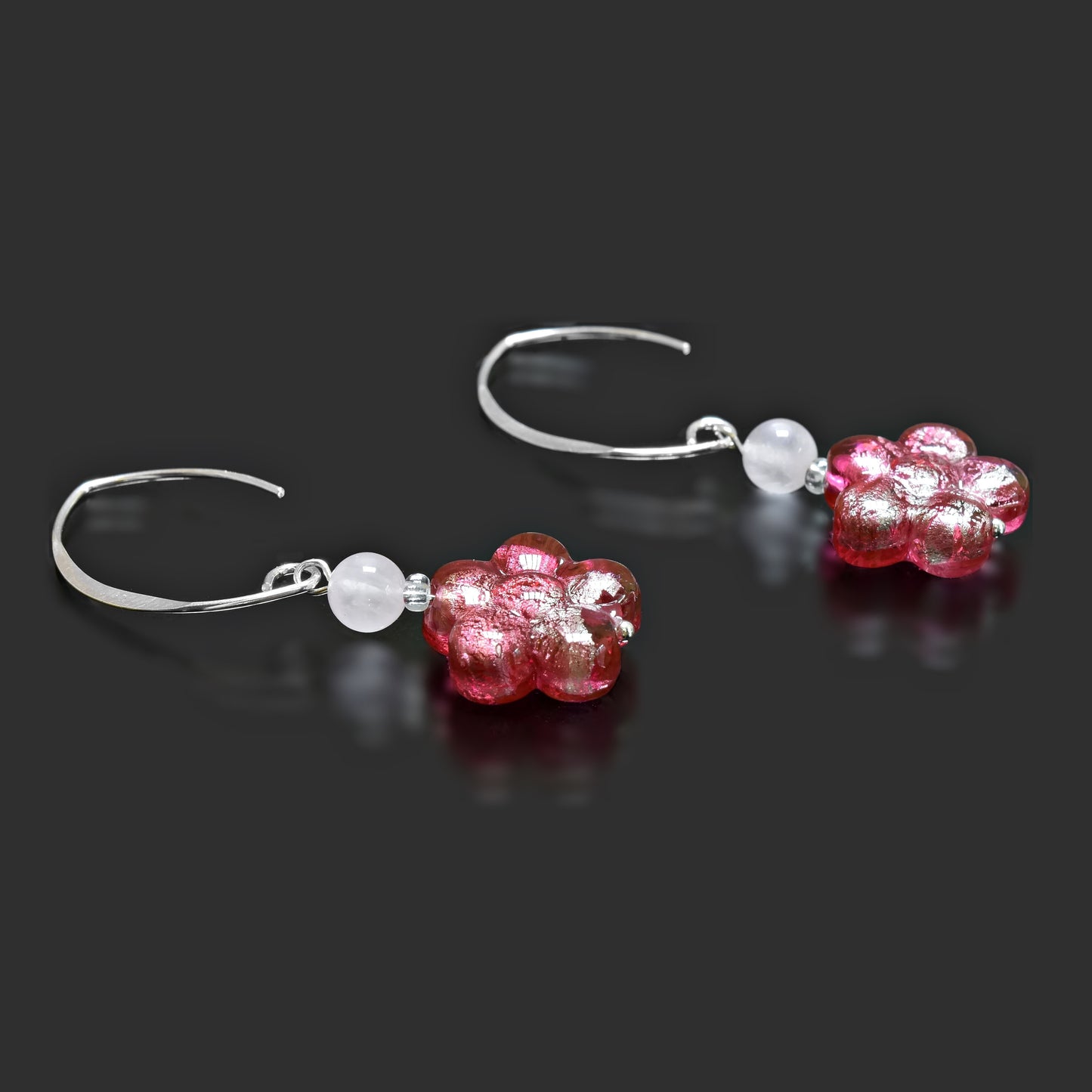 Sterling Silver Dangle Red Flower Murano Glass Earrings with Rose Quartz Gold Filled Red