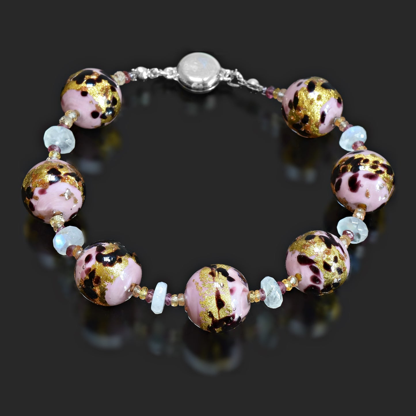 Leopard Pink Round Murano Bead Bracelet with Moonstone, Citrine & Garnet Sterling Silver 6"