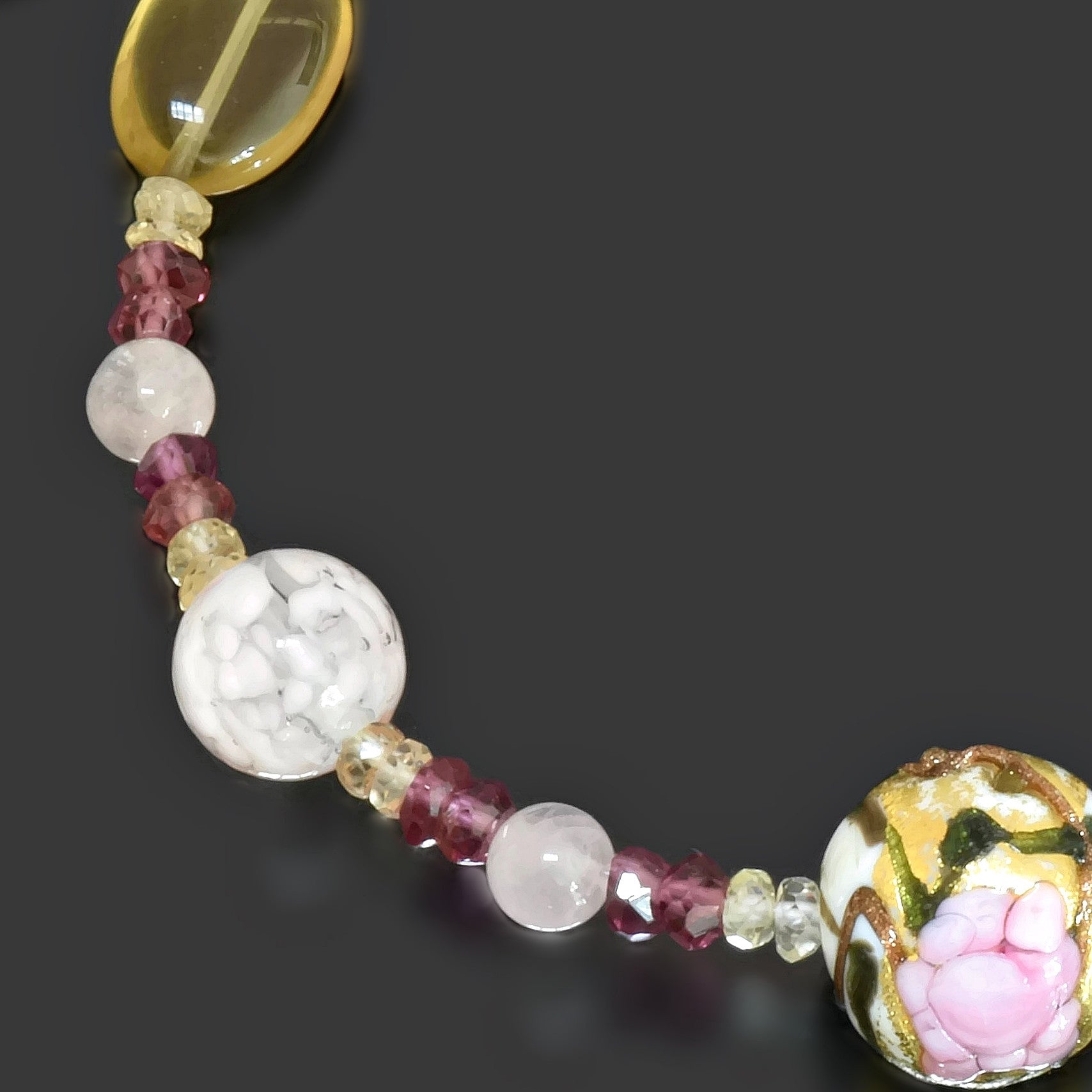 Gold & Pink Floral Murano Bead Bracelet with Rose & Champagne Quartz  
