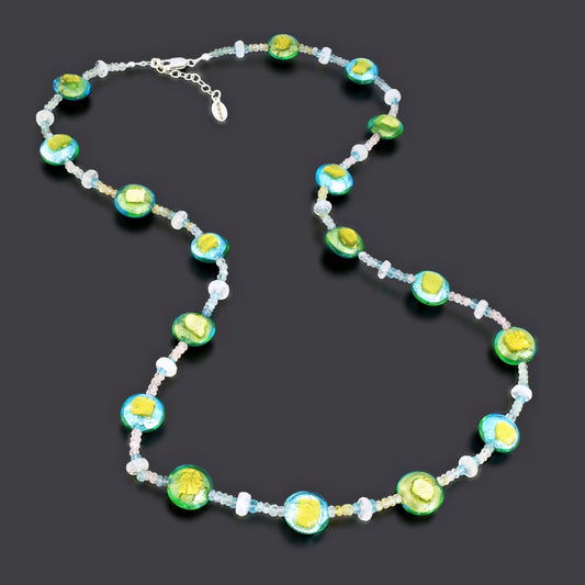 Blue and Green Murano Glass Bead Necklace with Tourmaline, Apatite and Moonstone Sterling Silver 