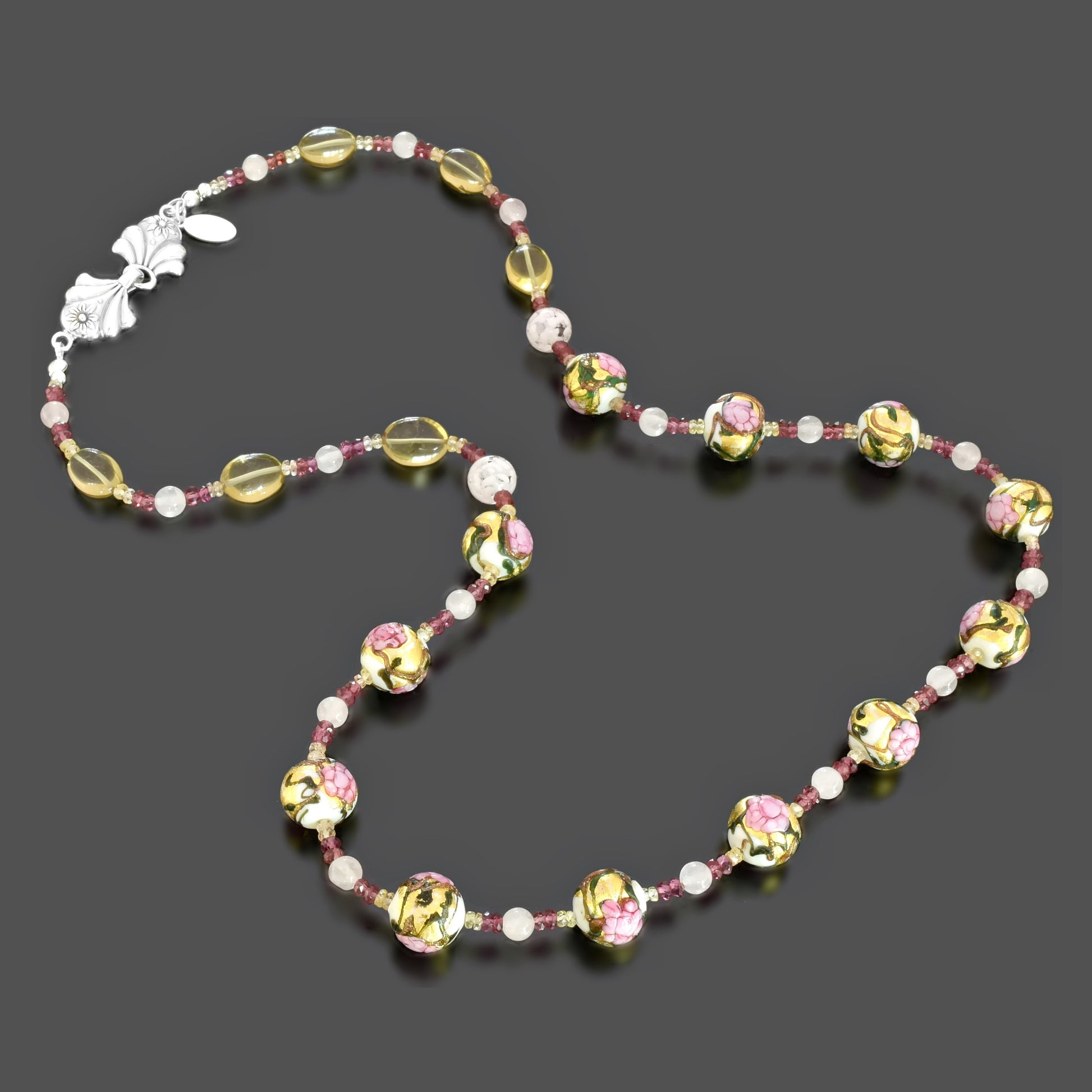 Gold & Pink Floral Murano Bead Necklace with Rose & Champagne Quartz Sterling Silver 