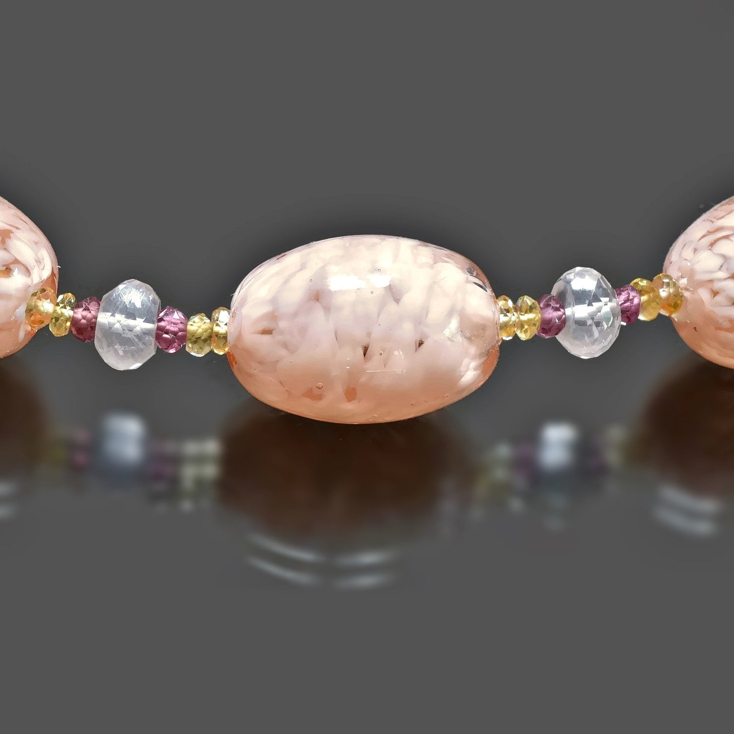 Pink Beaded Murano Glass Necklace with Flowers, Citrine, Garnet, Rose Quartz  
