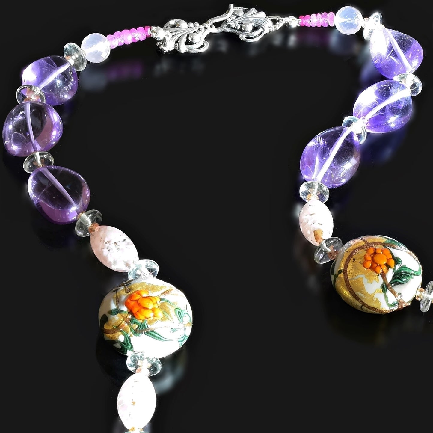 Murano Glass Floral Amethyst Necklace with Amethyst, Citrine and Sapphires  
