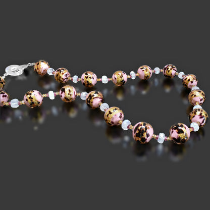 Leopard Pink Round Murano Bead Necklace with Moonstone, Citrine & Garnet  