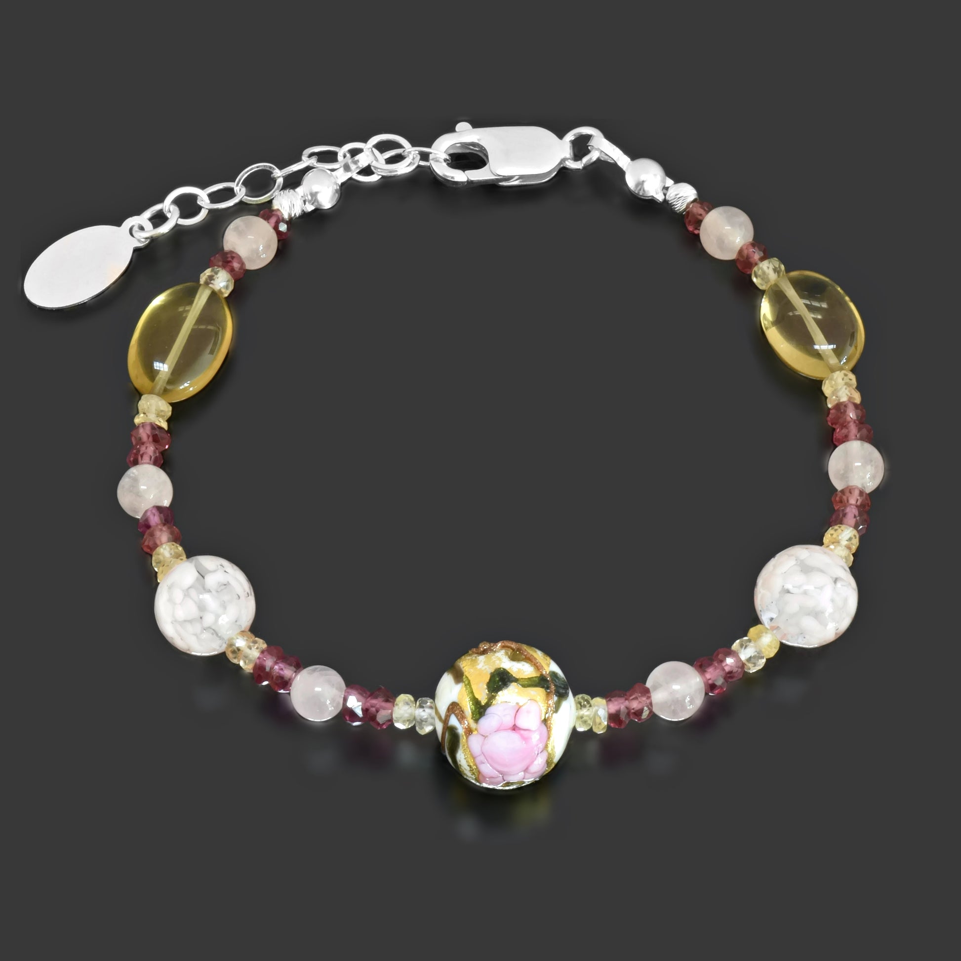 Gold & Pink Floral Murano Bead Bracelet with Rose & Champagne Quartz Sterling Silver 6"