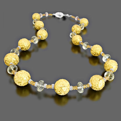 Gold Italian Bead Necklace with Green Amethyst and Citrine  