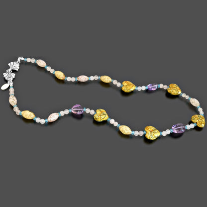 Gold Heart Necklace with Amethyst, Apatite and Rose Quartz  