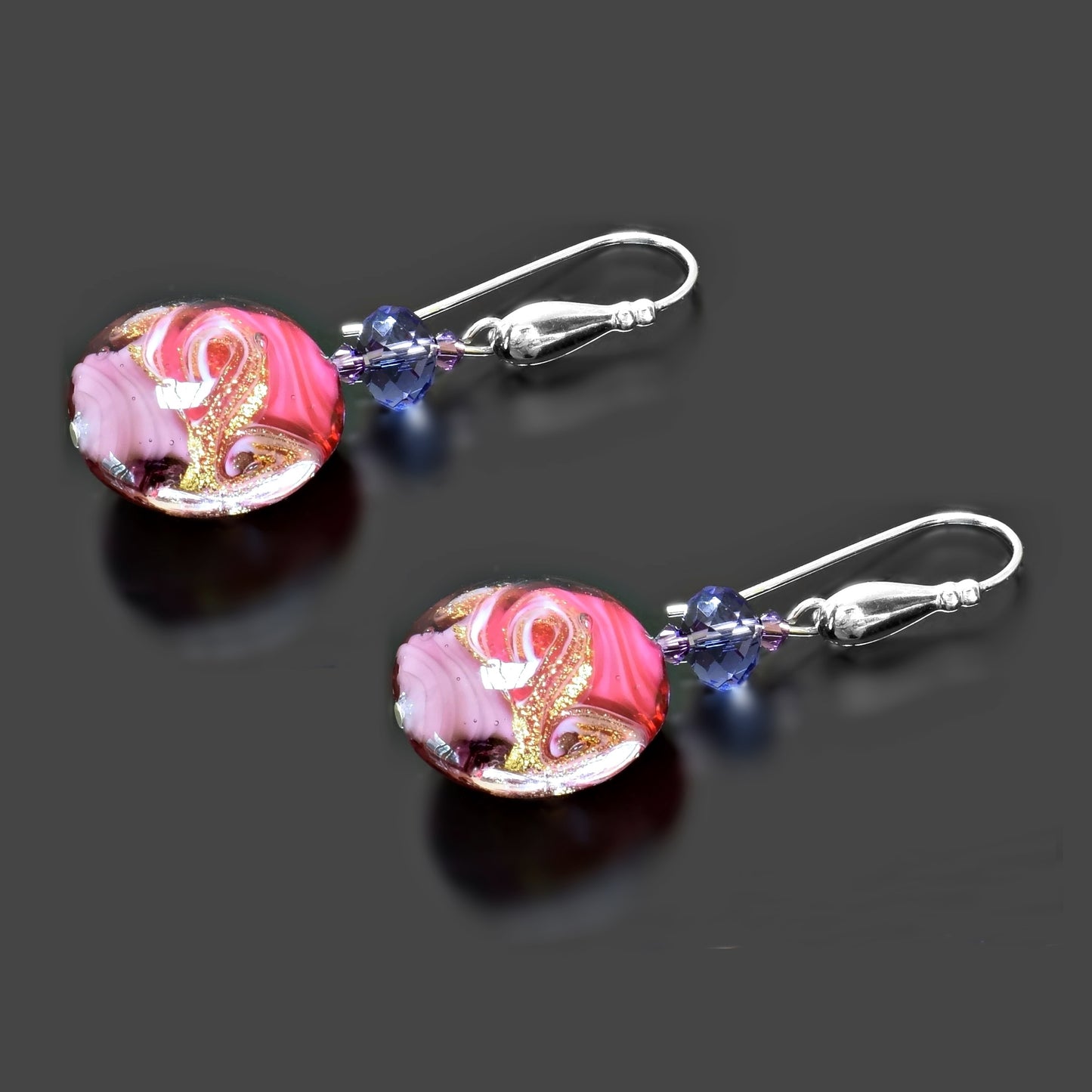 Pink Murano Glass Sterling Silver Earrings  with Swarovski Crystals Sterling Silver 