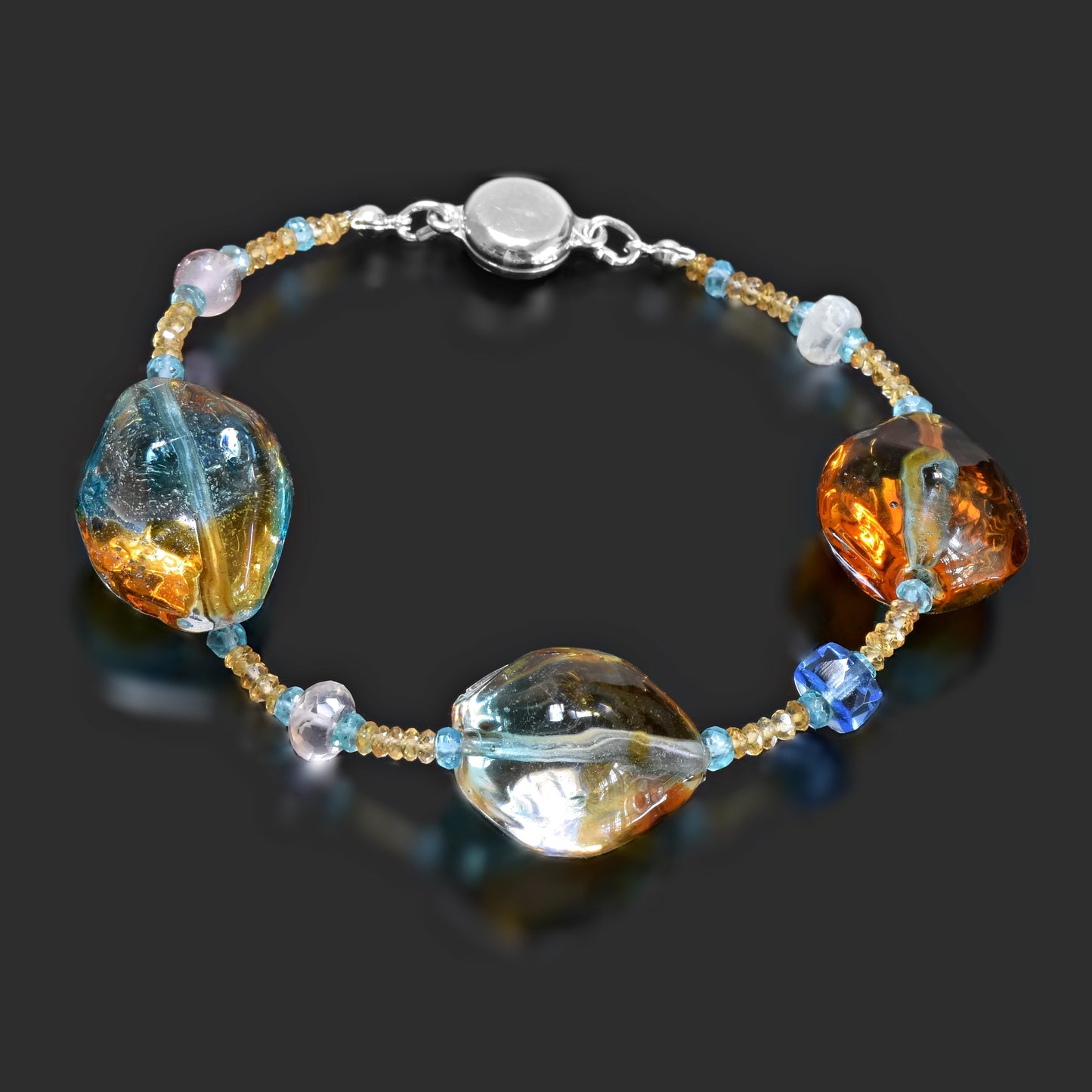 Multi-Color Murano Glass Bracelet with Citrine, Apatite, Rose Quartz & Moonstone Sterling Silver 6"