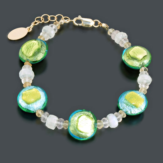Blue and Green Murano Glass Bead Bracelet with Citrine, Rose Quartz & Moonstone Gold-Filled 6"