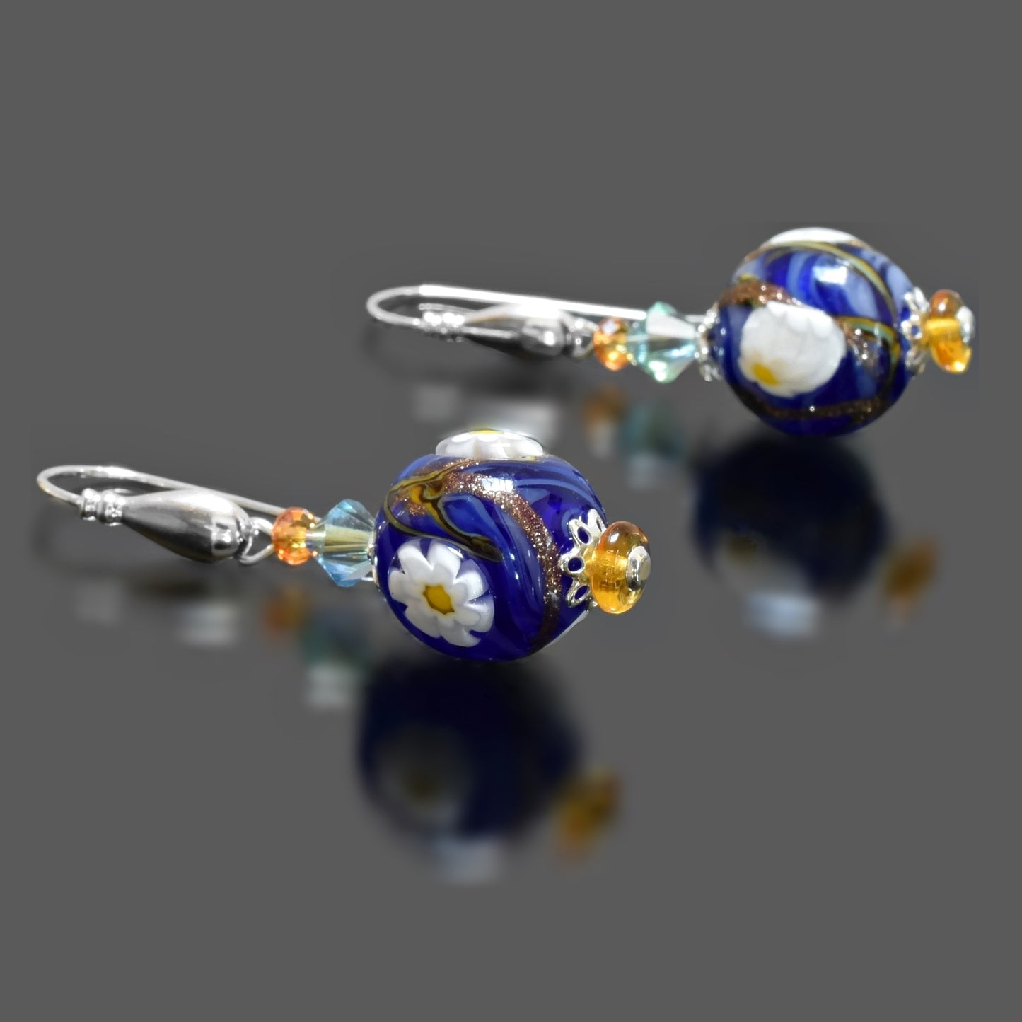 Blue Floral Italian Murano Bead Earrings with Swarovski Chrystals  