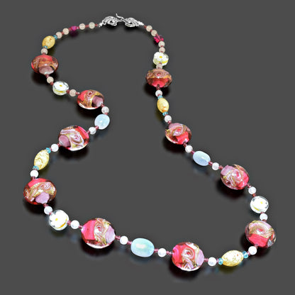 Pink Coin Murano Glass Bead Necklace with Blue Chalcedony, Rose Quartz & Garnet Sterling Silver 