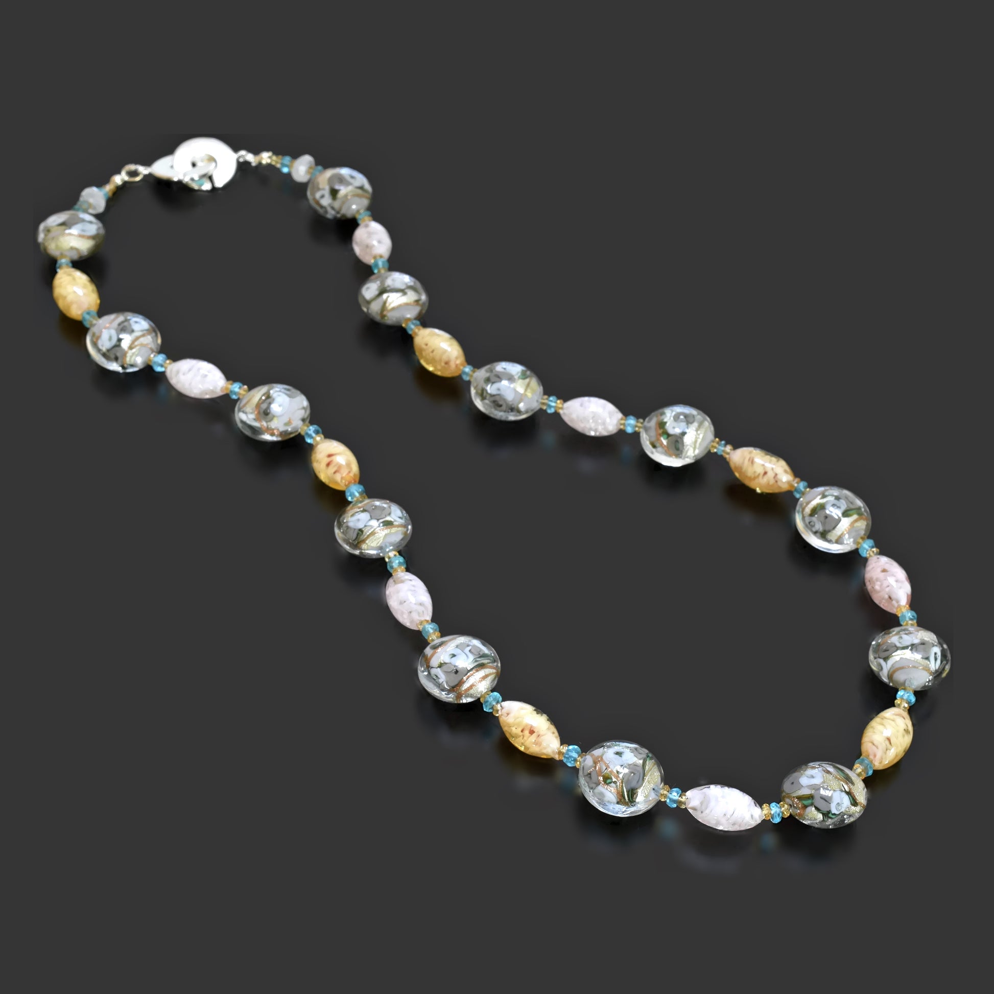 Grey and Gold Murano Glass Necklace with Citrine and Apatite Sterling Silver Pink Only