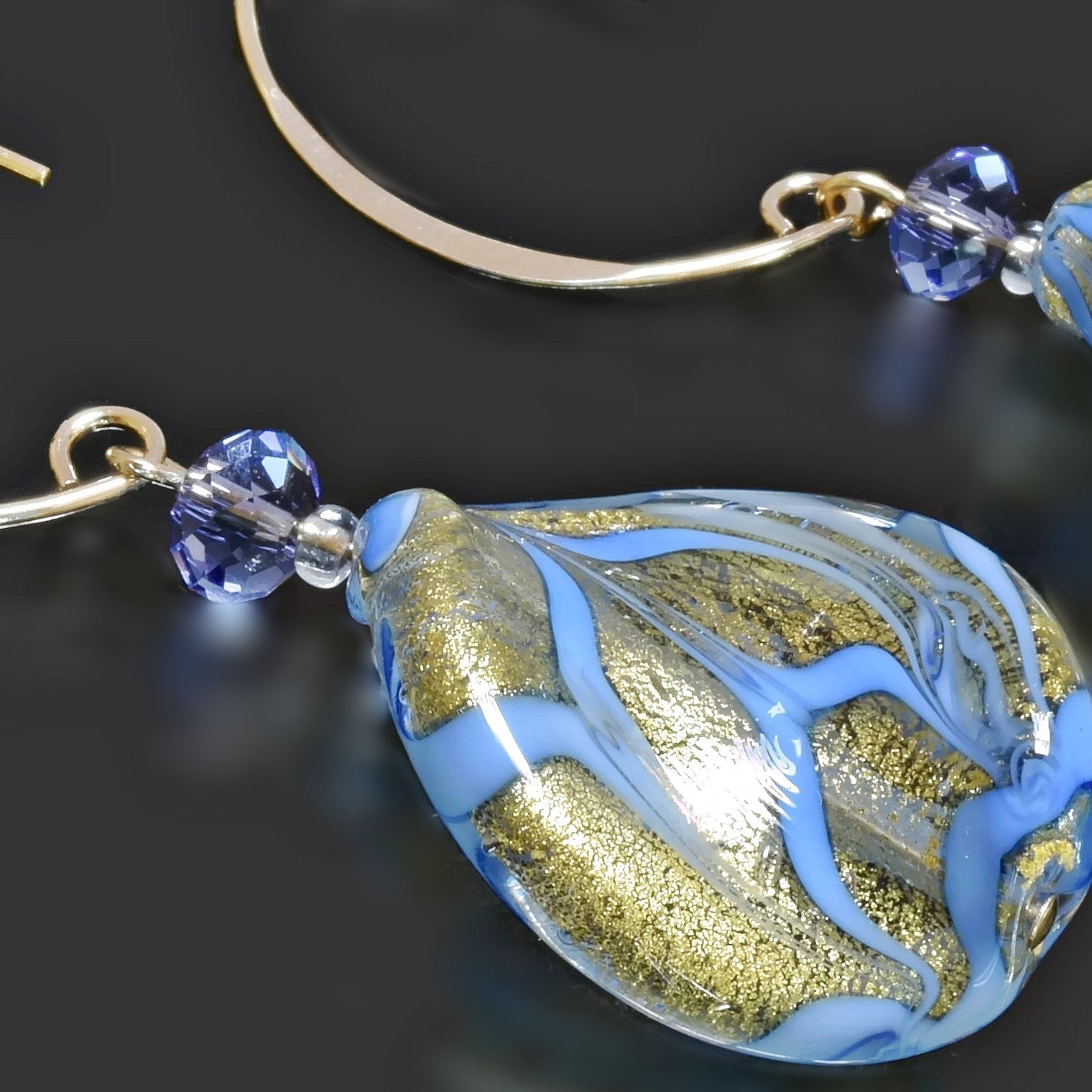 Gold-Filled Drop Earrings with Blue & Gold Venetian Beads and Swarovski Crystals  