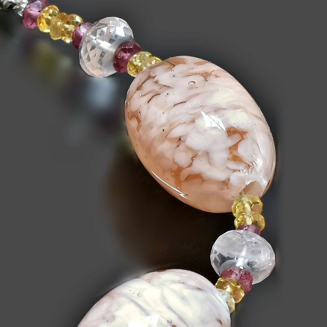 Pink Beaded Murano Glass Bracelet with Flower, Citrine, Garnet, Rose Quartz  
