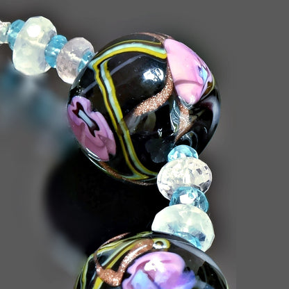 Black and Pink Floral Murano Glass Bracelet with Rose Quartz, and Apatite  