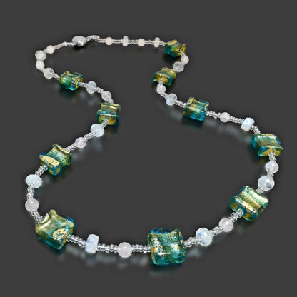 Blue and Green Venetian Bead Necklace with Rose Quartz and Moonstone Gold-Filled White