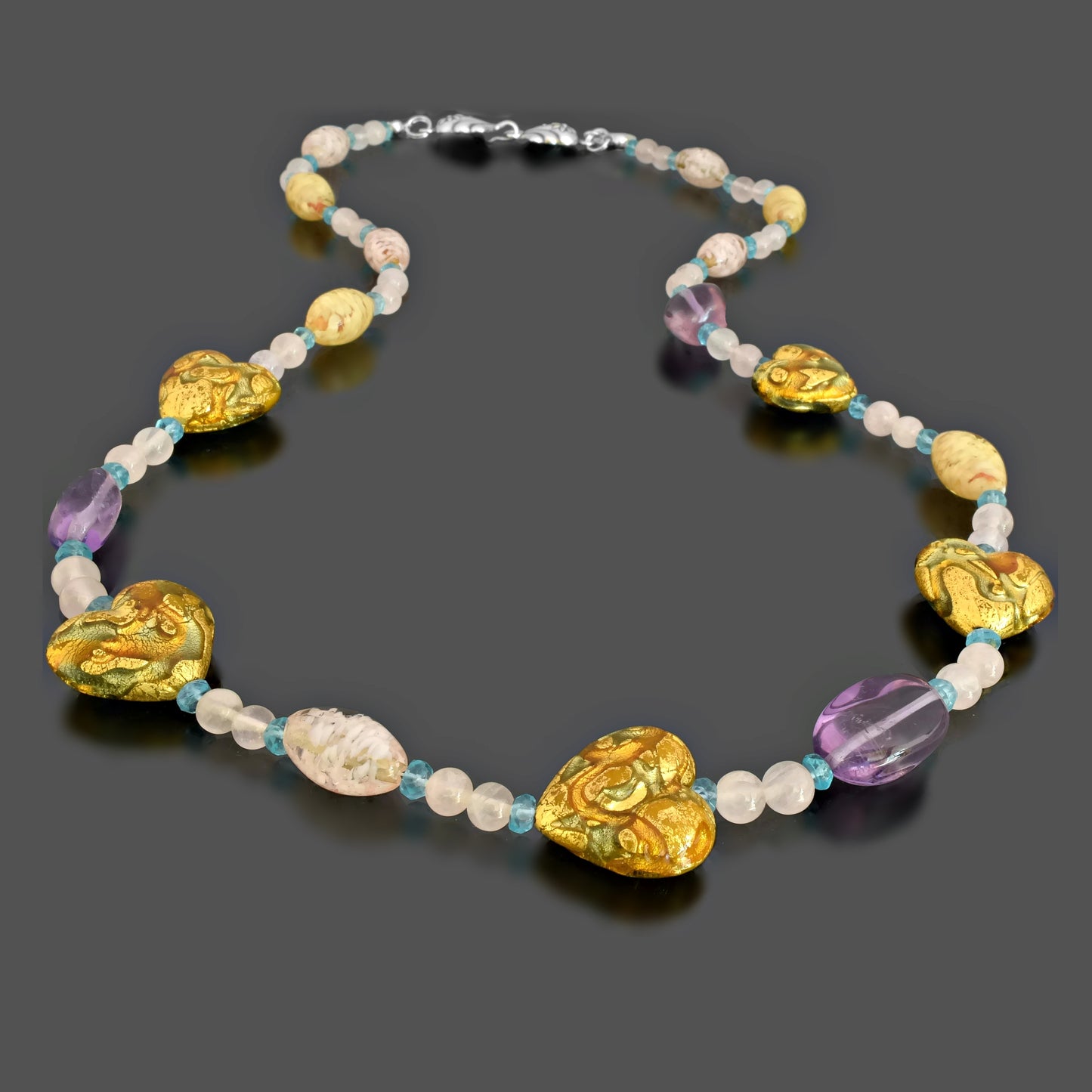 Gold Heart Necklace with Amethyst, Apatite and Rose Quartz  