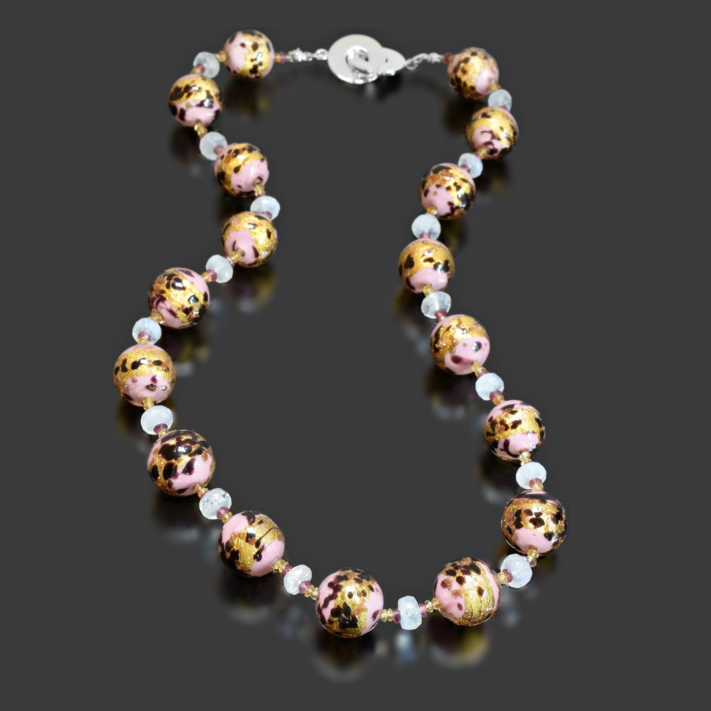 Leopard Pink Round Murano Bead Necklace with Moonstone, Citrine & Garnet Sterling Silver 